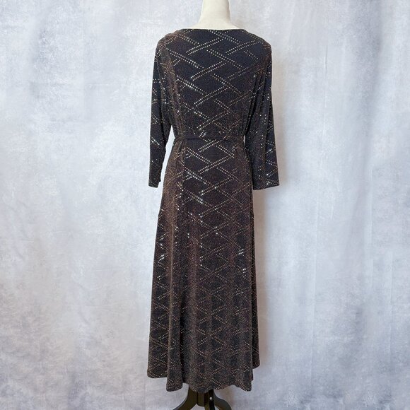 Nina Leonard Gold Glitter Midi Dress 3/4 Sleeve Gold and Black Size L - Picture 4 of 14